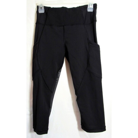 Lululemon Black Sheer Back Leg Panel Cropped Leggings Size 6 EUC - Picture 1 of 8